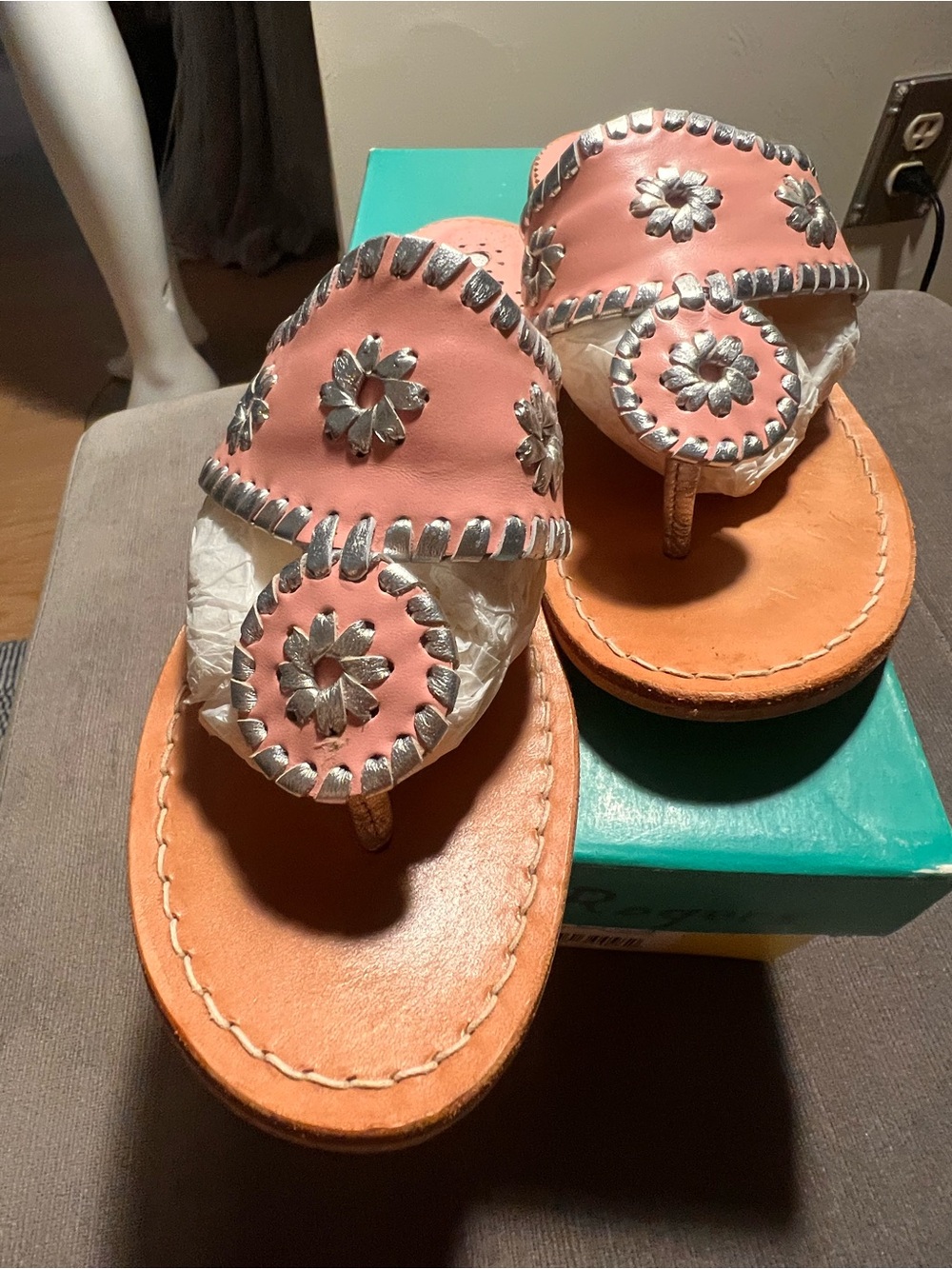 Jack Rogers Pink and Tan Leather Thong Sandals with Silver Flower Accents